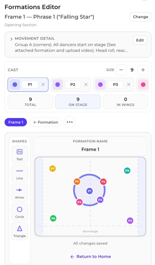 Kora formations editor with cast positioning and stage layout