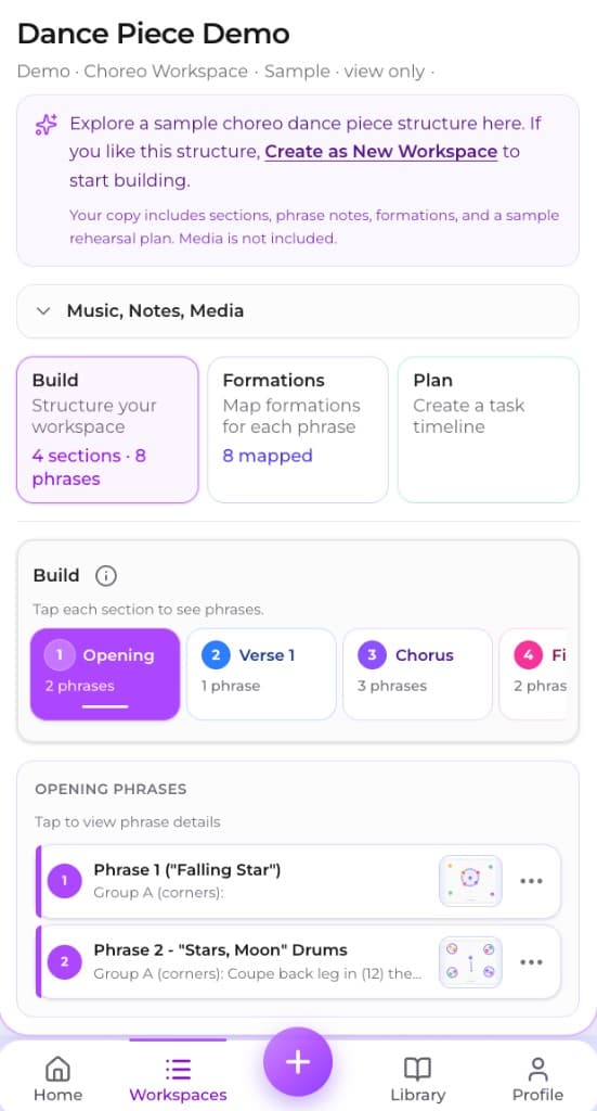 Kora workspace view showing sections, phrases, and movement structure